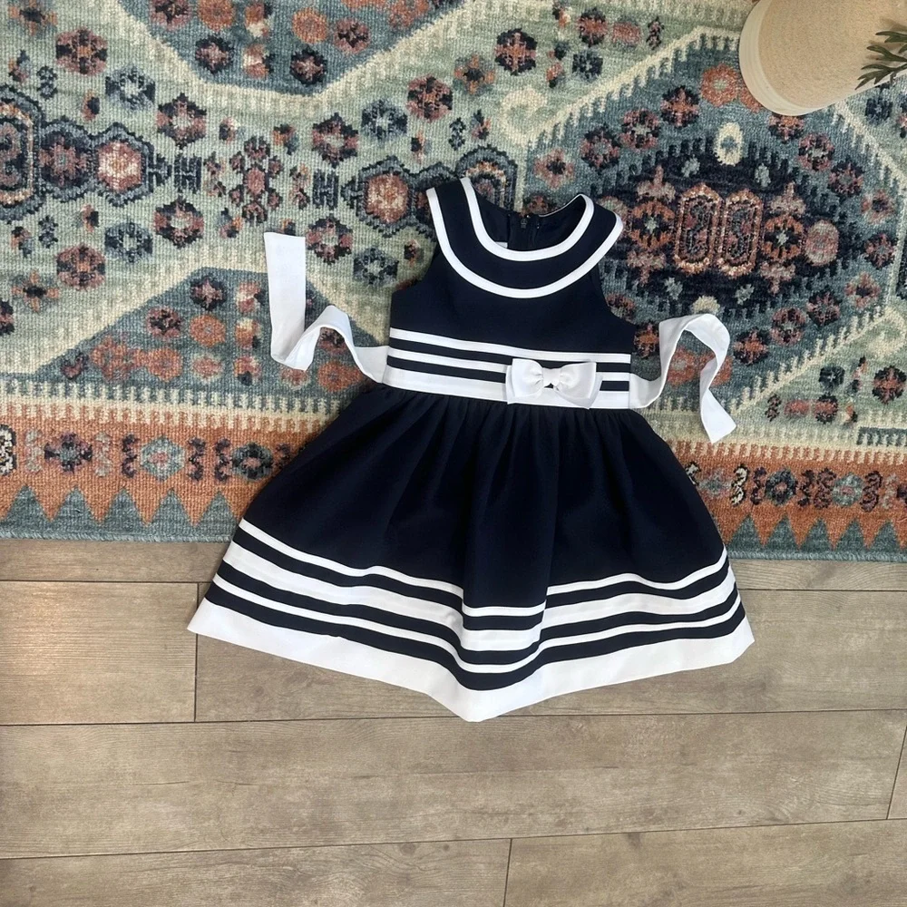 New Bonnie Jean Navy and White Formal Dress with Bow 3T Toddler Girl VTG Style